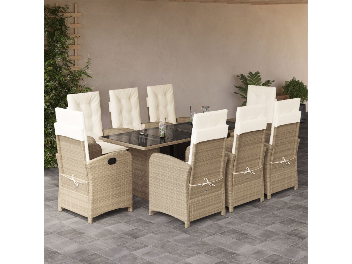 Vidaxl 9 Pcs Conjunto De Jantar P/ Jardim Com Almofadões Vime Pe Bege