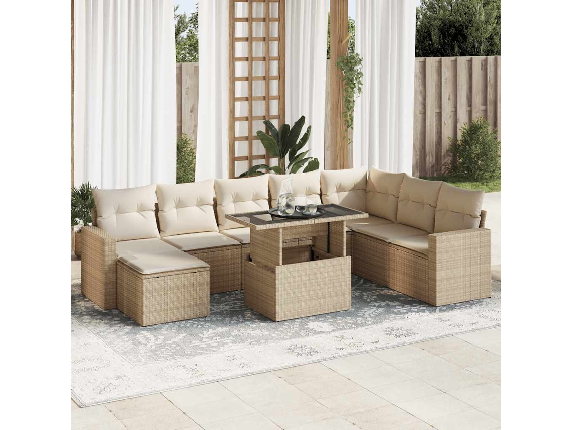 Vidaxl 9 Pcs Conjunto De Sofás P/ Jardim Com Almofadões Vime Pe Bege