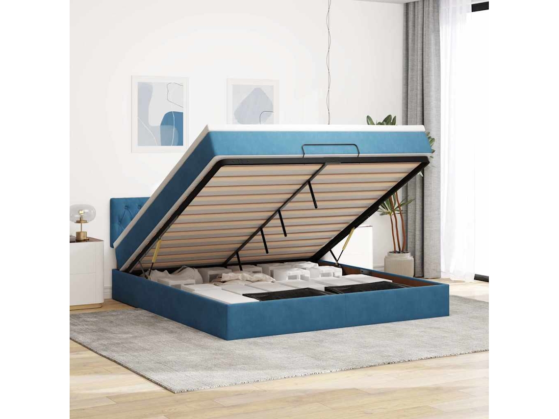 Estrutura De Cama Otomana Com Colchão 160x200 Cm Azul Escuro