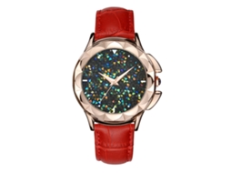 Relógio de Pulso Feminino Analógico de Quartzo com Strass e Correa de Couro Vermelha Floral