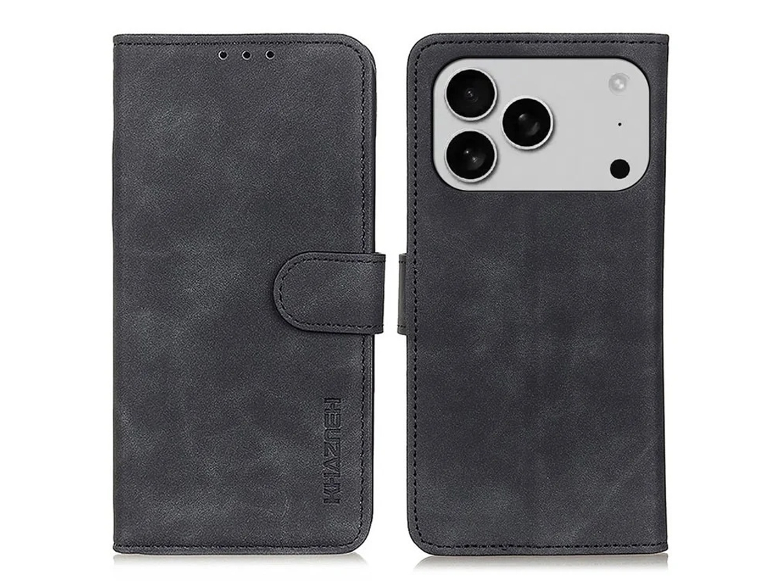 Capa Carteira Khazneh Para Iphone 17 Pro Max Em Couro Sintético Com Textura Retrô - Preta