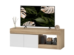 Suporte de Tv com 2 Portas para Tvs de Até 60 Polegadas, Armário e Prateleira Aberta, Acabamento em Efeito de Madeira Natural Hachi
