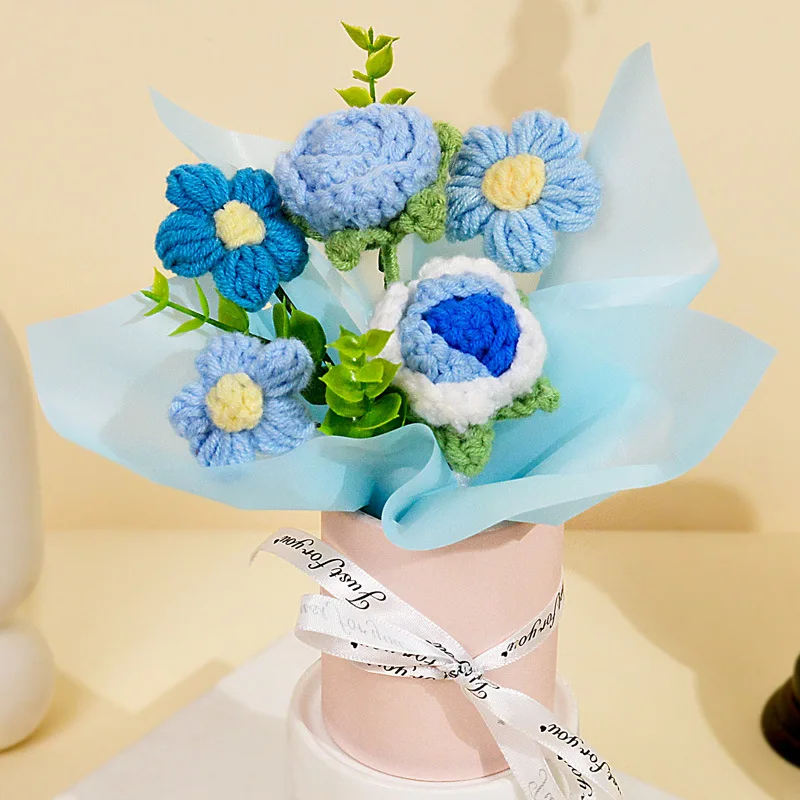 (azul) 1 Peça De Buquê De Rosas Feito À Mão Em Crochê, Tricotado Com Rosas E Margaridas.