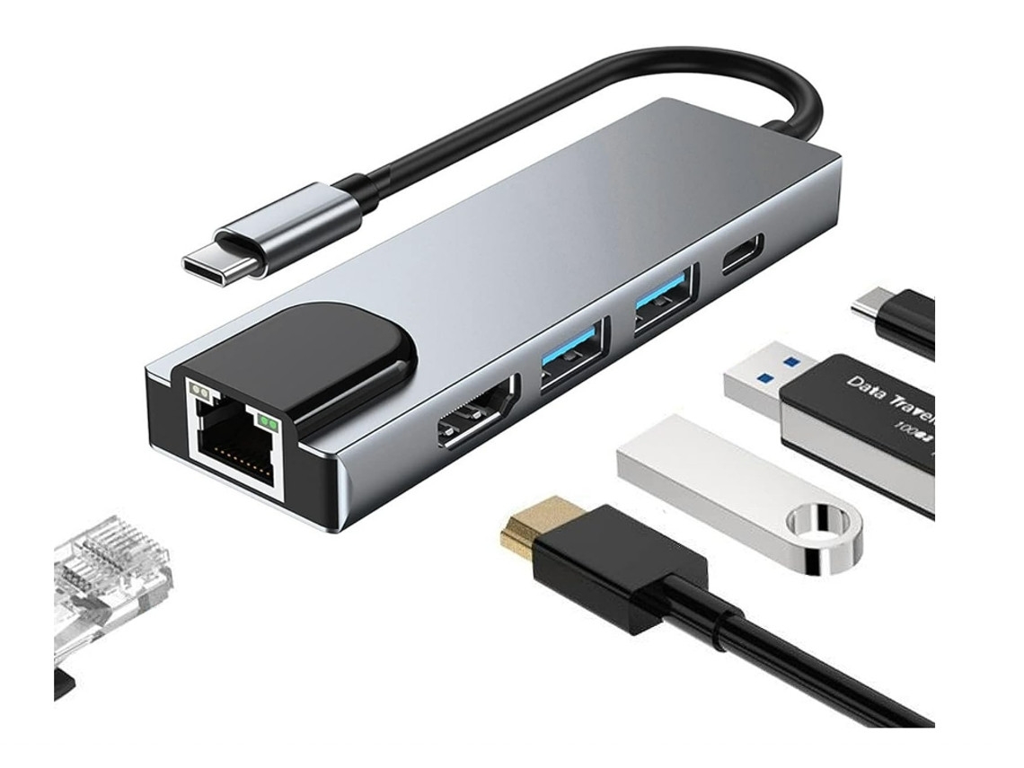 Estação de ancoragem ELORY USB C 5 em 1, com HDMI, Ethernet, RJ45, 4K, 100W, USB 3.0