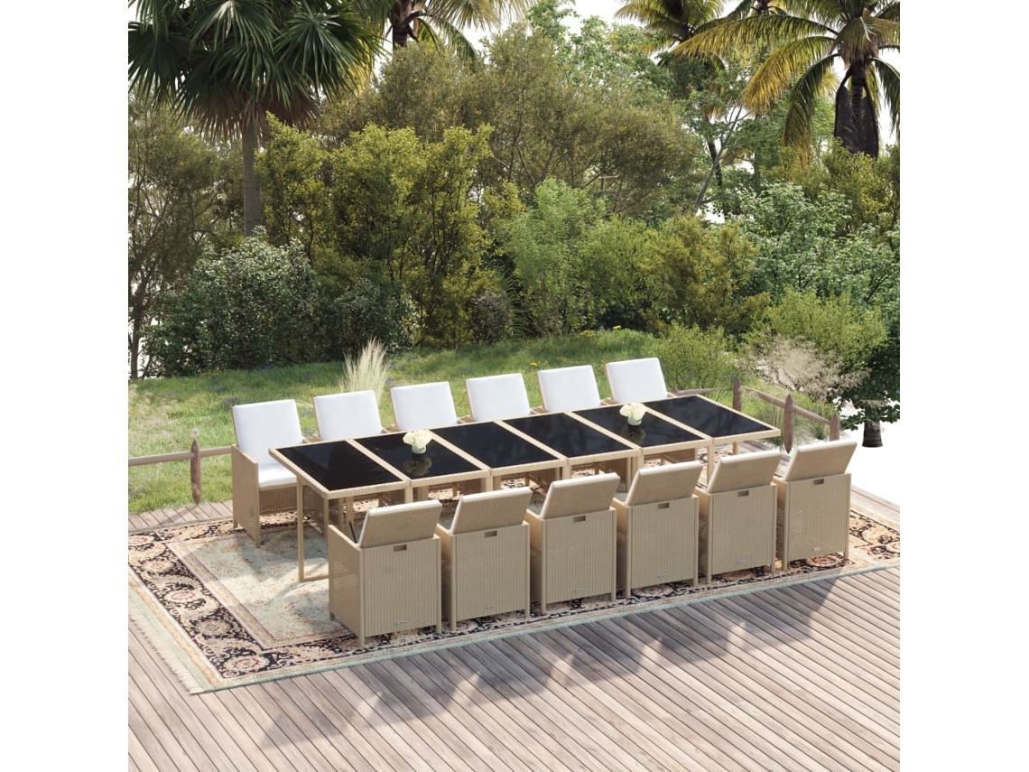 Vidaxl 13 Pcs Conjunto Jantar P/ Jardim C/ Almofadões Vime Pe Bege