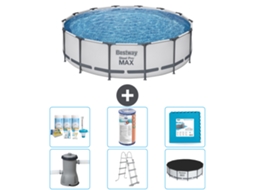 Piscina BESTWAY Round Steel Pro Max 427 X 107 Cm Cinza Incluindo Bomba Escada Cobertura Pacote de Manutenção Filtro Ladrilhos