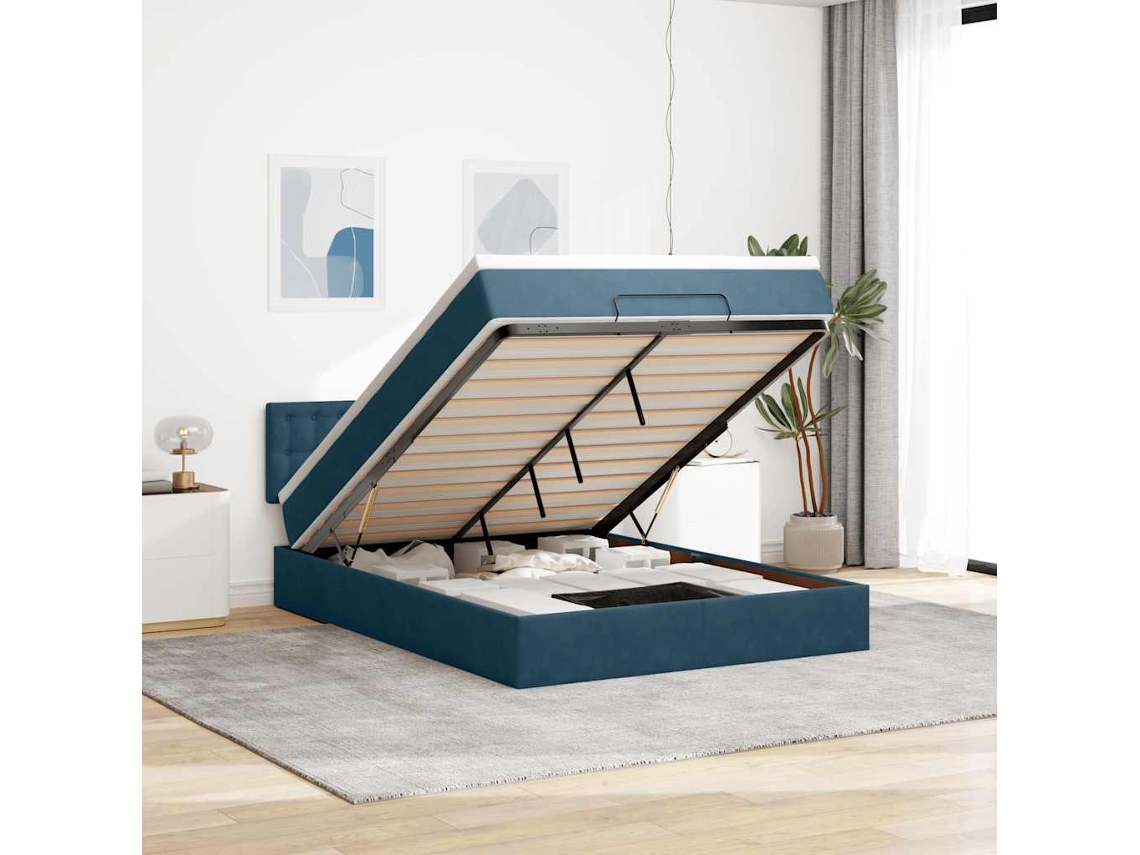 Vidaxl Estrutura De Cama Otomana Com Colchão 140x200 Cm Azul Escuro
