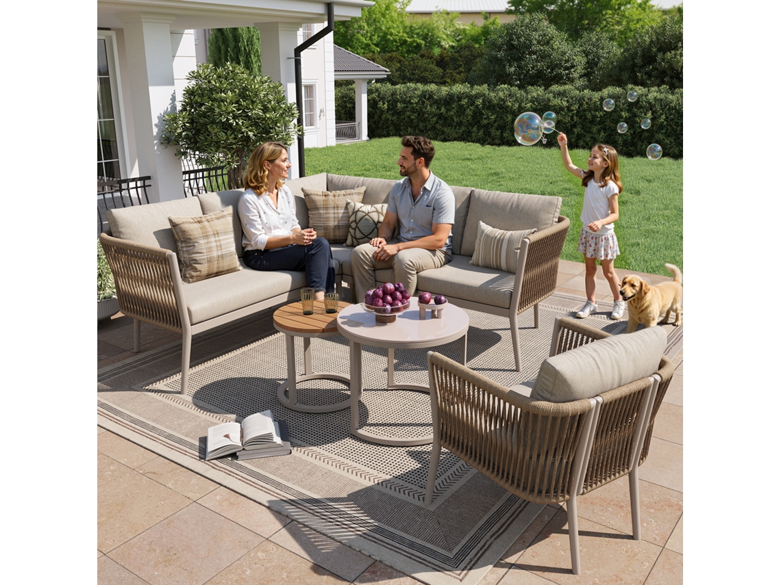 Conjunto de Jardim Cinza, 3 Peças, 2 Sofás e Mesa de Ferro Pintado, Encosto Ajustável, Madeira de Acácia, com Almofadas | S/MARCA