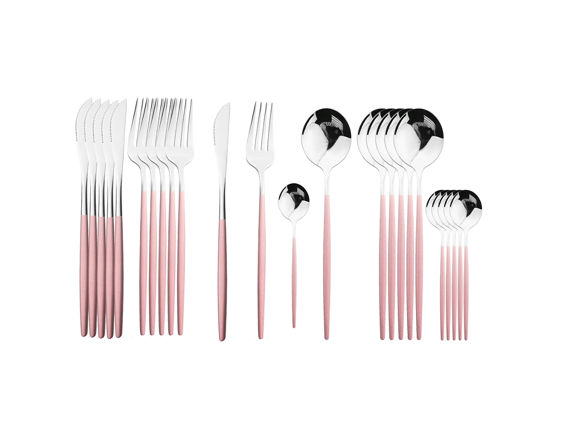 Conjunto de Talheres de Aço Inoxidável com 24 Peças, Incluindo Faca, Colher e Garfo. MDUG (rosa Prateado)