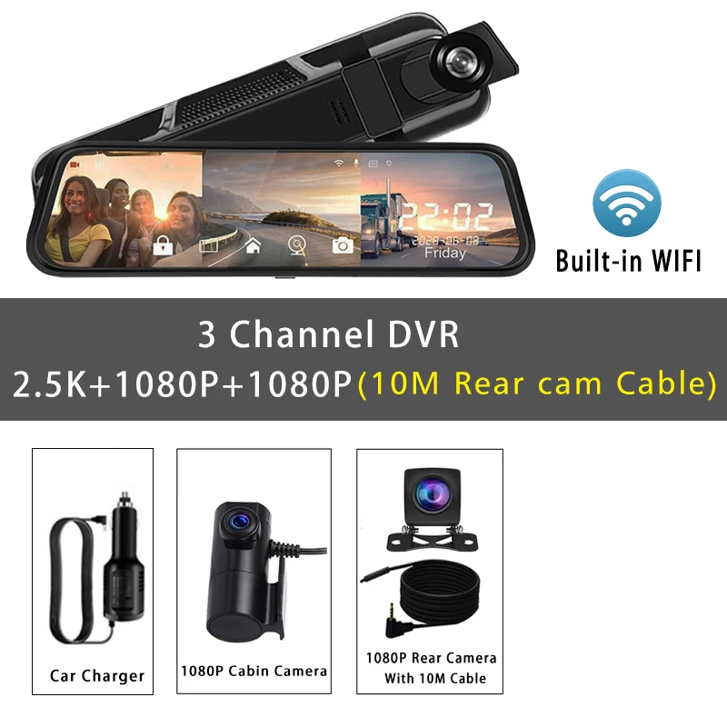 (3 Lentes - 10m 256g) Câmera Veicular De 10 Polegadas Com Três Canais, Resolução 2.5k, Wi-fi E Gps, Espelho Retrovisor
