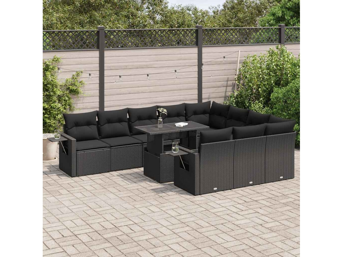 Vidaxl 11 Pcs Conjunto Sofás De Jardim C/ Almofadões Vime Pe Preto