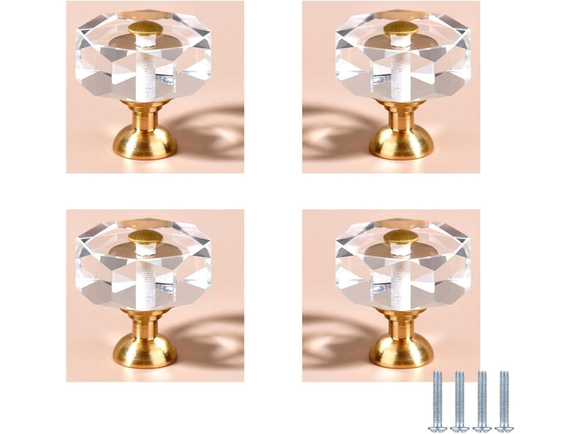 Conjunto De 4 Puxadores Gaveta Em Latão Puro Com Detalhes Cristal, Formato Redondo, Ideais Para Penteadeiras, Armários E
