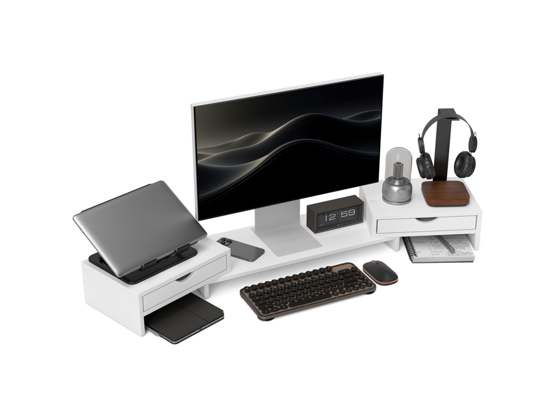 Suporte para monitor de computador, ajustável, com 2 gavetas, 60-116cm