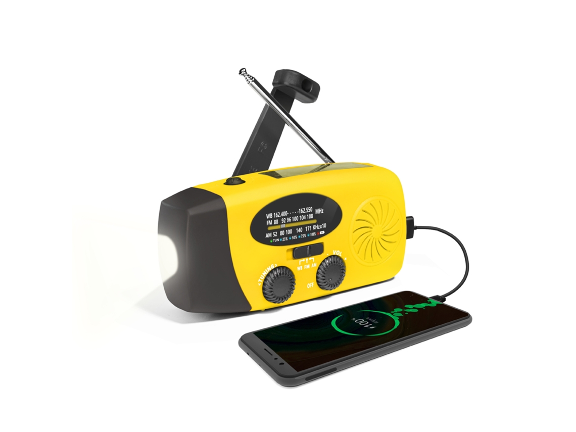 Rádio de Emergência Portátil para Uso Externo com Células Solares, 2000mah, Manivela, Fm/am e Lanterna Led, Amarelo AQUAFORGE