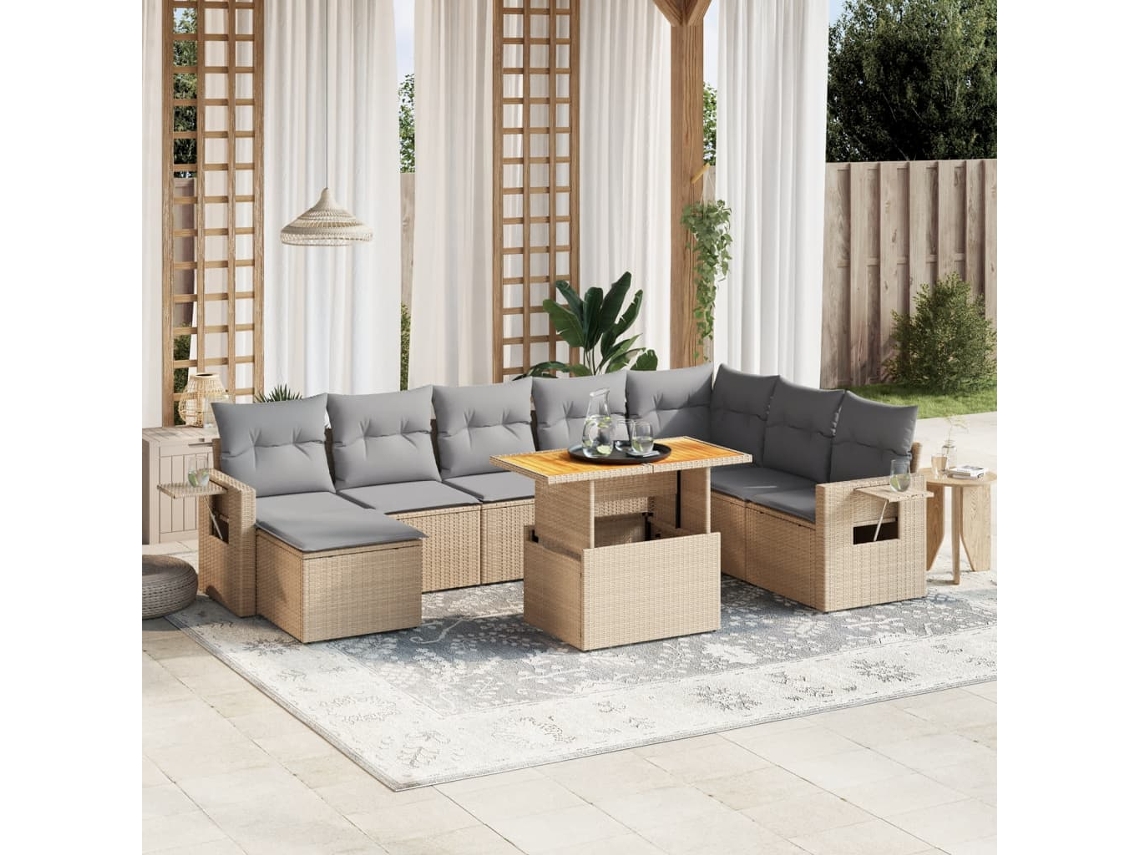 Vidaxl 9 Pcs Conjunto De Sofás P/ Jardim Com Almofadões Vime Pe Bege