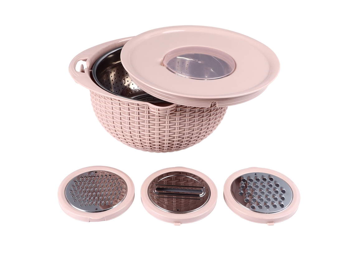 Tigela coador 4 em 1 com ferramentas de fatiamento rotativo em aço inox rosa S/MARCA