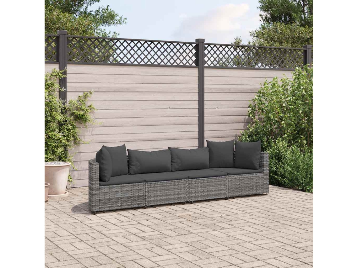 Vidaxl 4 Pcs Conjunto Sofás De Jardim C/ Almofadões Vime Pe Cinzento
