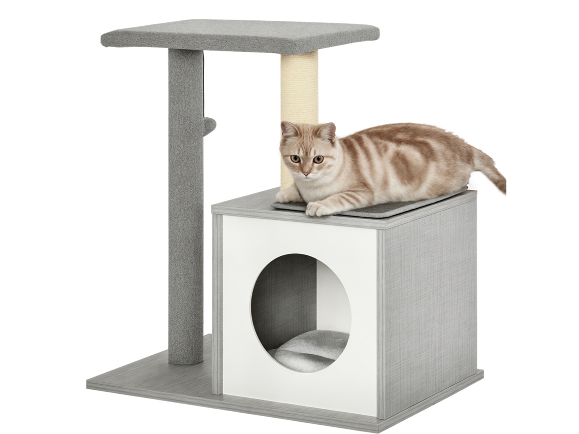 Árvore de Gatos e Filhotes Multi nível com Leito e Coluna de Corda de Sisal, Cinza, 59 X 39 X 62cm Ge