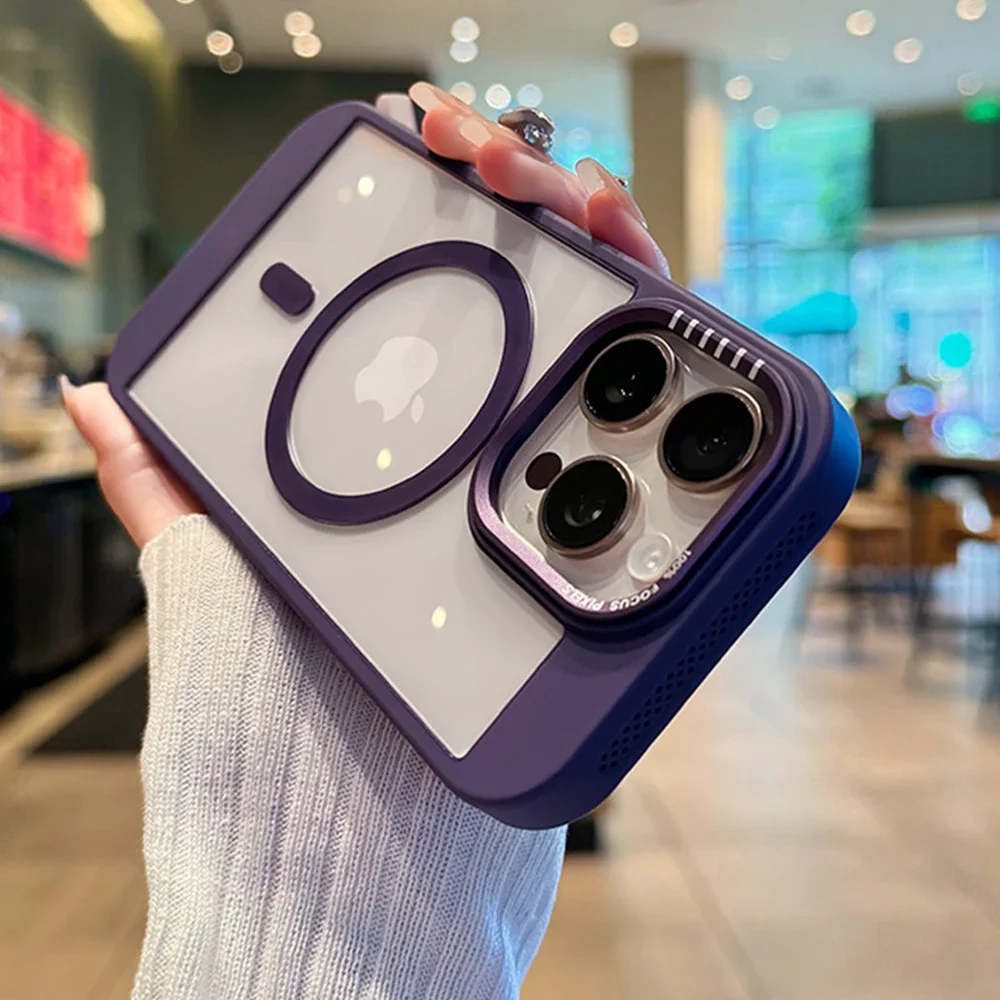 Capa Para Iphone (iphone 14, Roxo Escuro) Com Moldura Térmica Magsafe E Parte Traseira Protetora Em Acrílico Transparente.