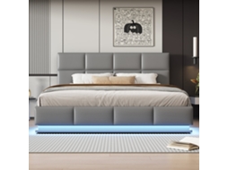 Cama de casal 180x200cm, hidráulica com baú, LED, cabeceira ajustável, couro sintético, capacidade 300kg, sem colchão, cinza claro, KOMHTOM