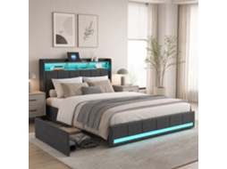 Cama Estofada 180x200 Cm, Cama De Casal Com Iluminação Led E 4 Gavetas, Cabeceira Com Espaço De Arrumação E Porta Usb, Linho, Cinzento, Simurq