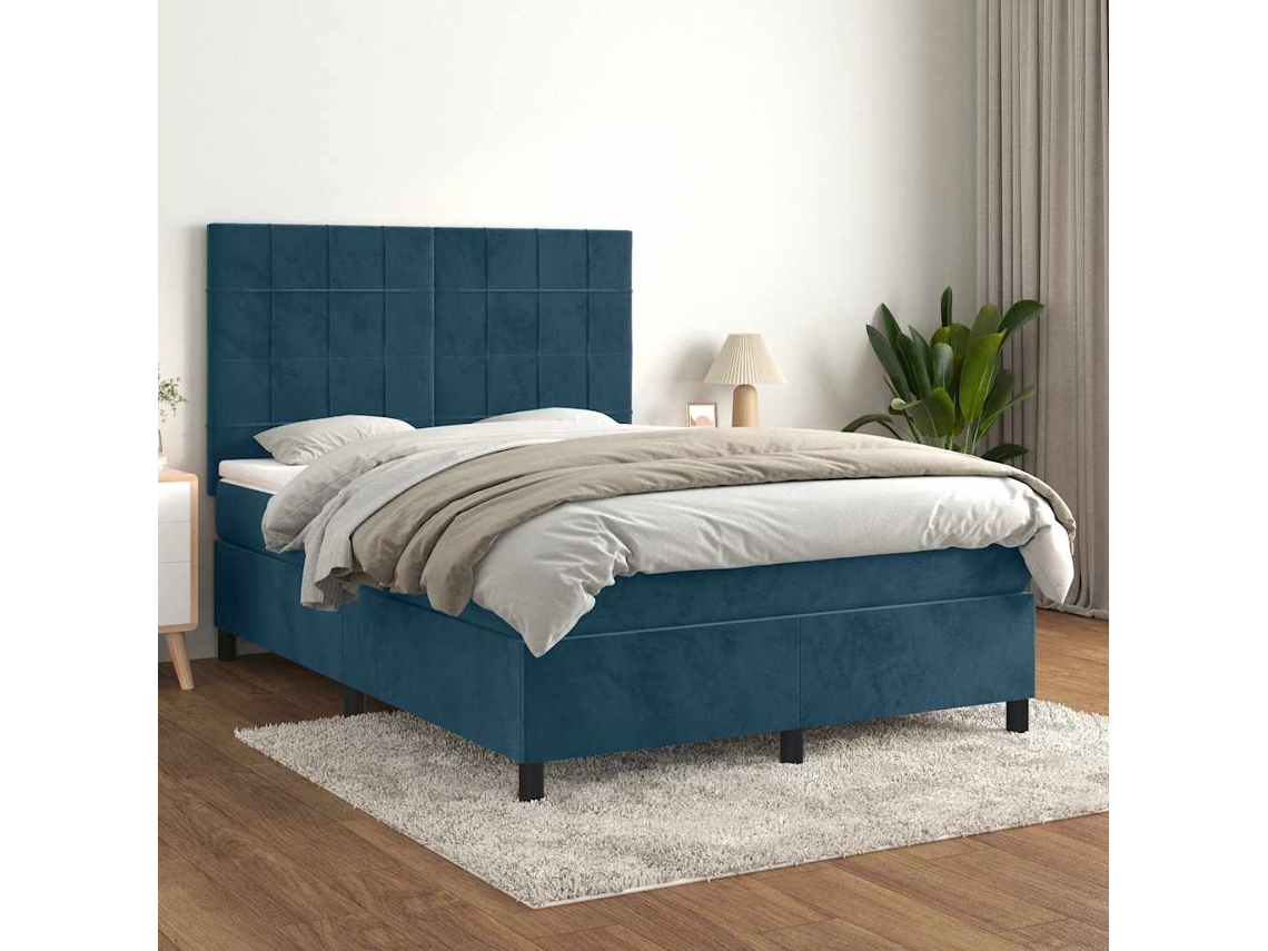 Vidaxl Cama Com Molas/colchão 140x190 Cm Veludo Azul-escuro