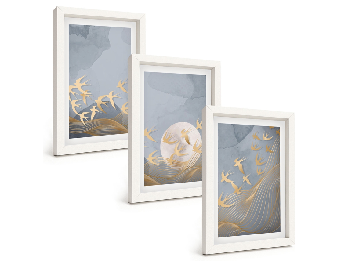 Um Conjunto De Imagens Decorativas Em Uma Moldura Pássaros Voando No Céu Moldura Branca Quadros Para O Escritório Espelharte (3 Peças 20x30 Cm)