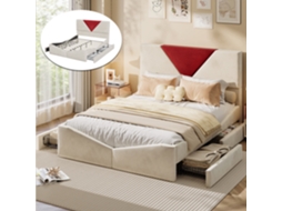 Cama Estofada 160x200 Cm, Cama De Casal, 4 Gavetas, Com Cabeceira E Estrutura De Ripado, Tecido De Veludo - Bege