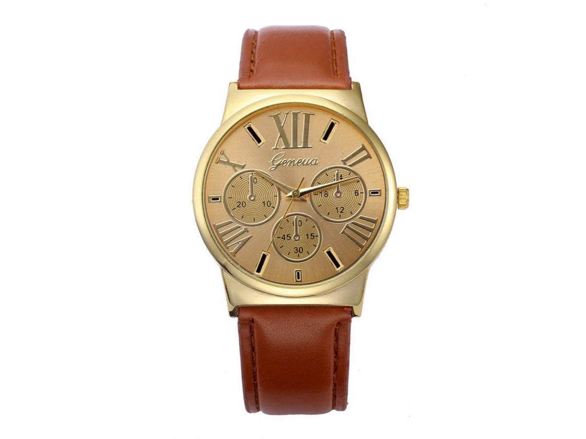 Relógio de pulso casual com numerais romanos, pulseira de couro PU, dourado moderno