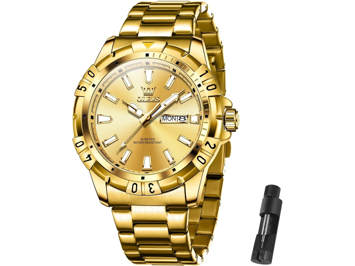 Lurelia Relógio Masculino, Modelo 9988, Movimento De Quartzo, Data/calendário, Detalhes Com Strass, Aço Inoxidável, Dourado