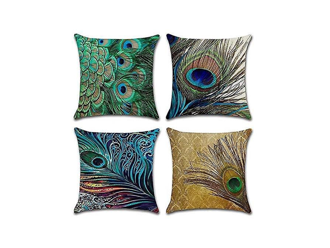 Conjunto De 4 Capas De Almofada Decorativas Em Algodão E Linho Com Penas De Pavão 45 X 45 Cm