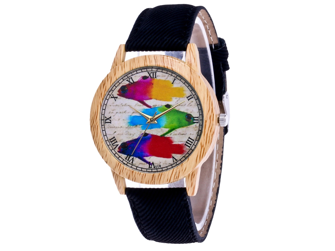 Reloj De Pareja Zhoulianfa Con Dial De Peces Coloridos Correa De Jeans Negro