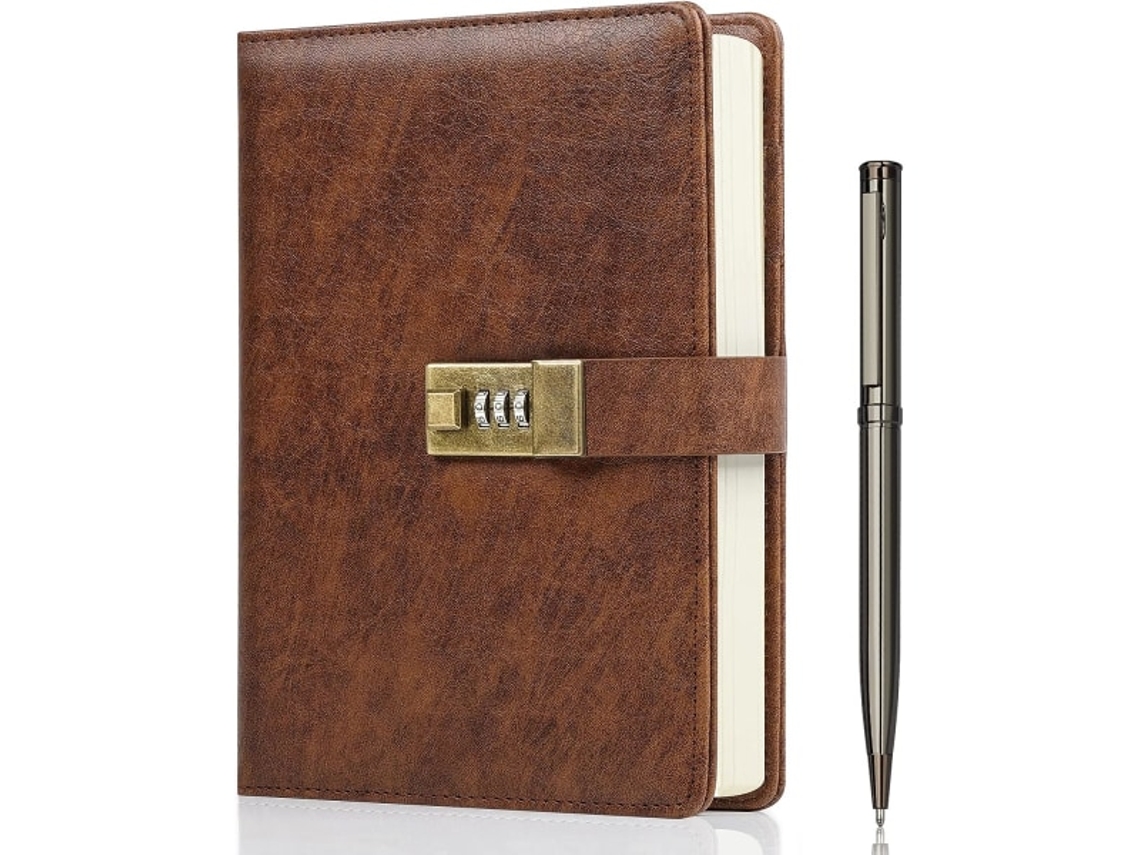 Agenda com Cadeado Marrom, Tamanho A5, em Couro Pu, 240 Páginas, Estilo Vintage BRILVIBERA