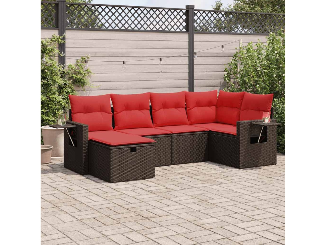 Vidaxl 6 Pcs Conjunto De Sofás Jardim C/ Almofadões Vime Pe Castanho