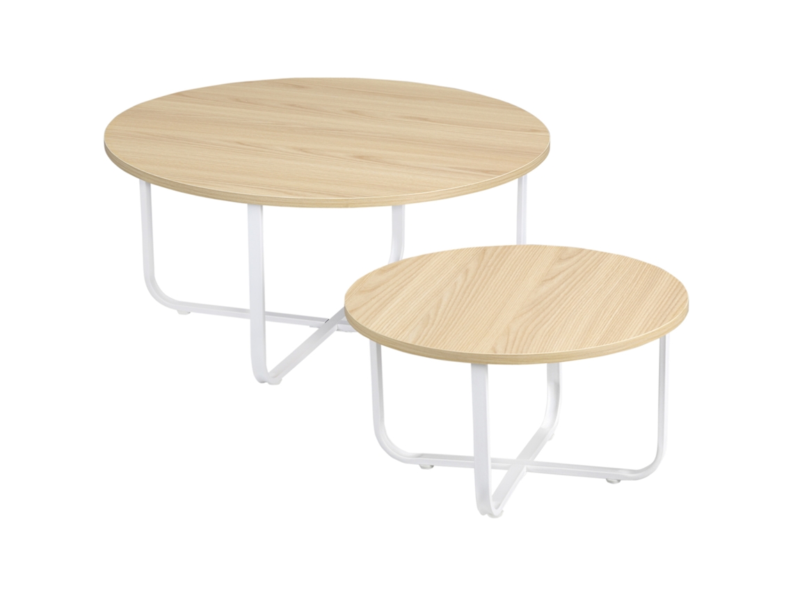 Tampo De Ø Madeira E Pernas Metal 65x32 Cm 45x26 Natural Branco Conjunto 2 Mesas Centro