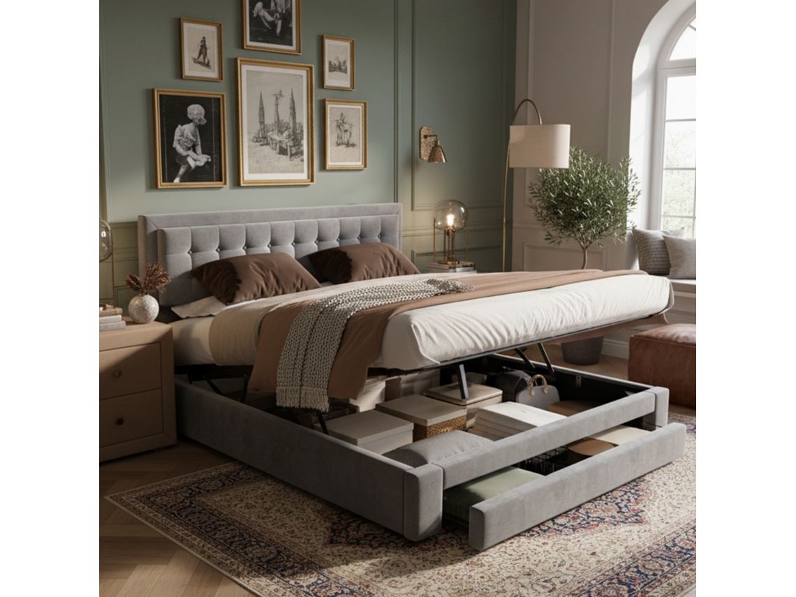 Cama Com Caixa E Gavetas, Tecido De Veludo, Cama Estofada, Base Com Ripas, Cama De Casal, Grande Espaço De Armazenamento, 160 X 200, Cinza-op