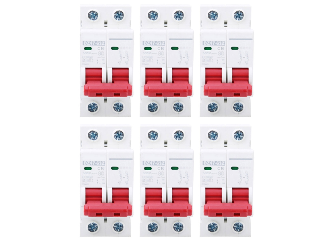 6 Peças Interruptor De Circuito Mcb Dz47-63z Dc500v 2p 16a Protetor De Sobrecarga Para Fotovoltaica