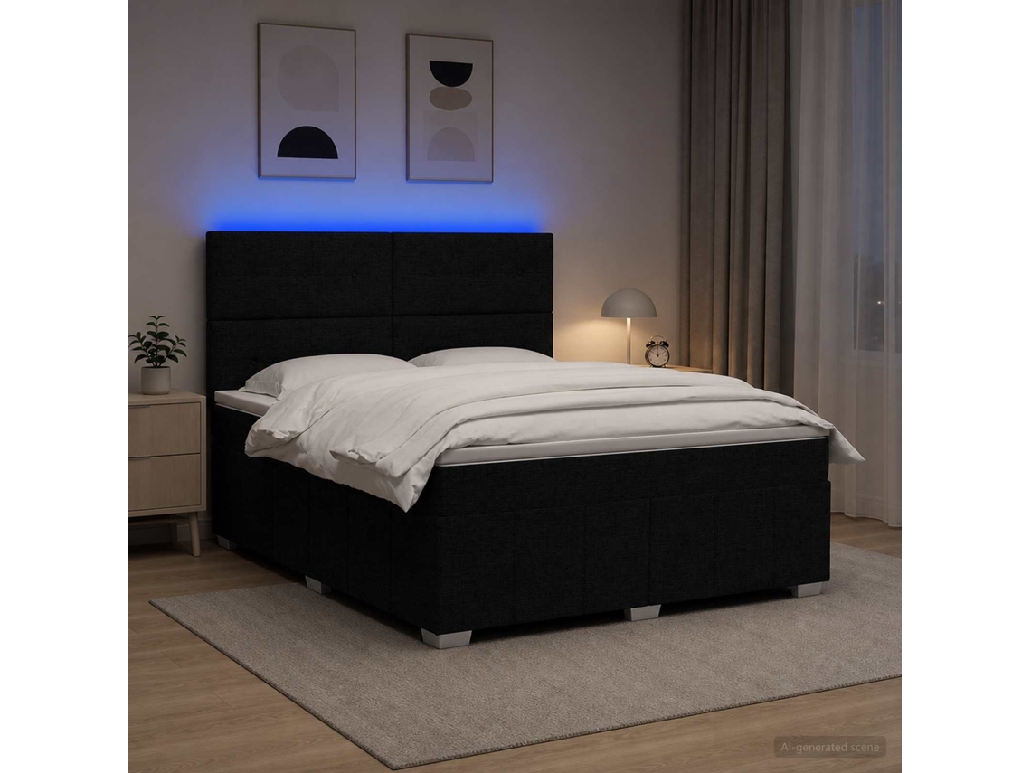 Vidaxl Cama Box Com Led E Colchão Preto 180 X 200 Cm Tecido