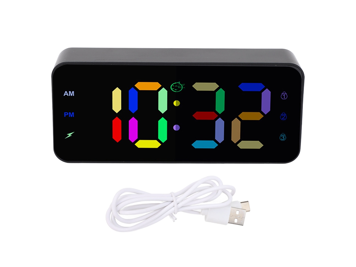 Reloj Espejo Led com 4 Níveis de Brilho, Porta Usb Dupla Rgb, Mudança de Cor, Despertador Digital para Quarto, Estudo, Presente, Preto