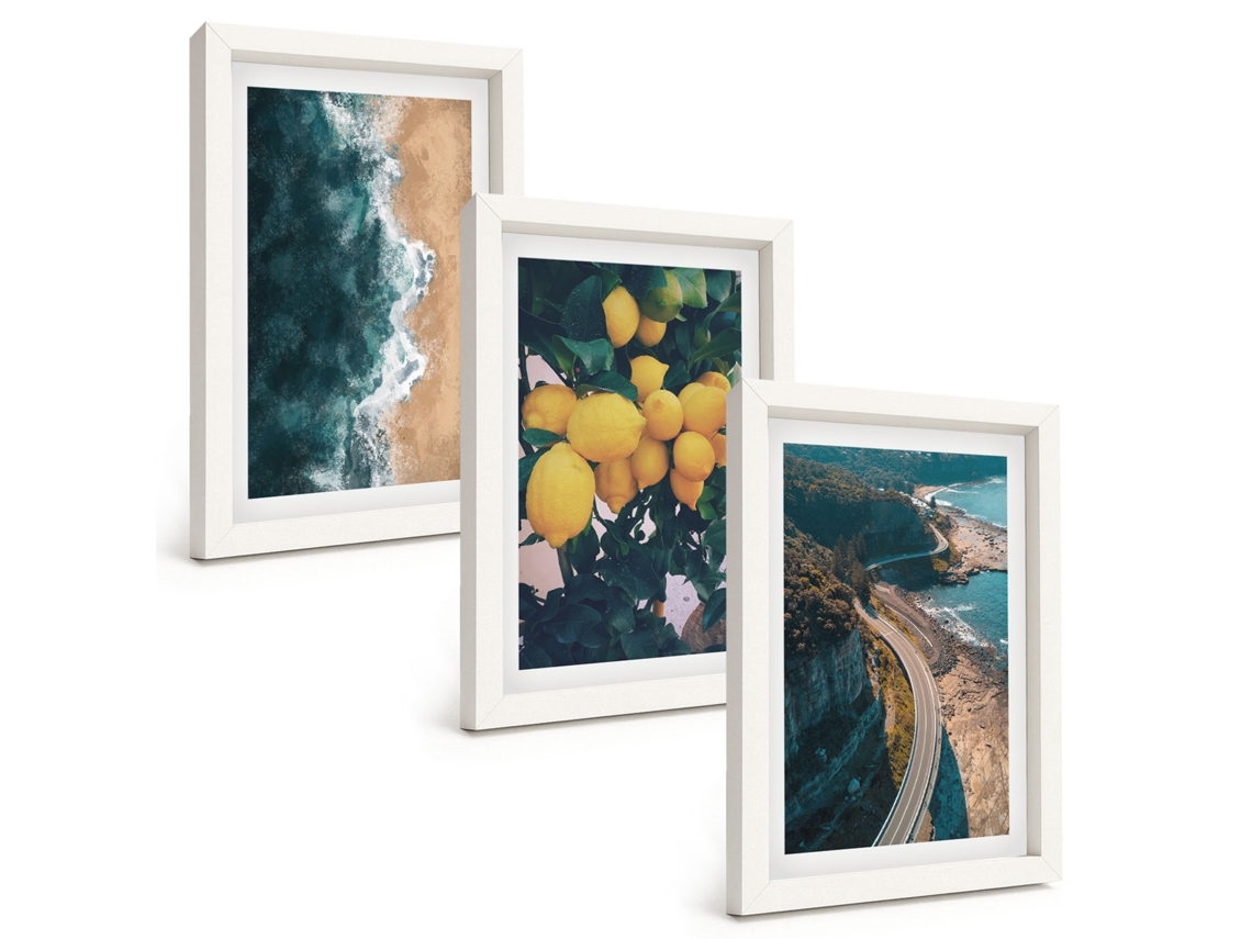 Conjunto De Quadros Com Moldura Praia, Limões E Montanhas Moldura Branca Fotos Para O Corredor Espelharte (3 Peças 20x30 Cm)