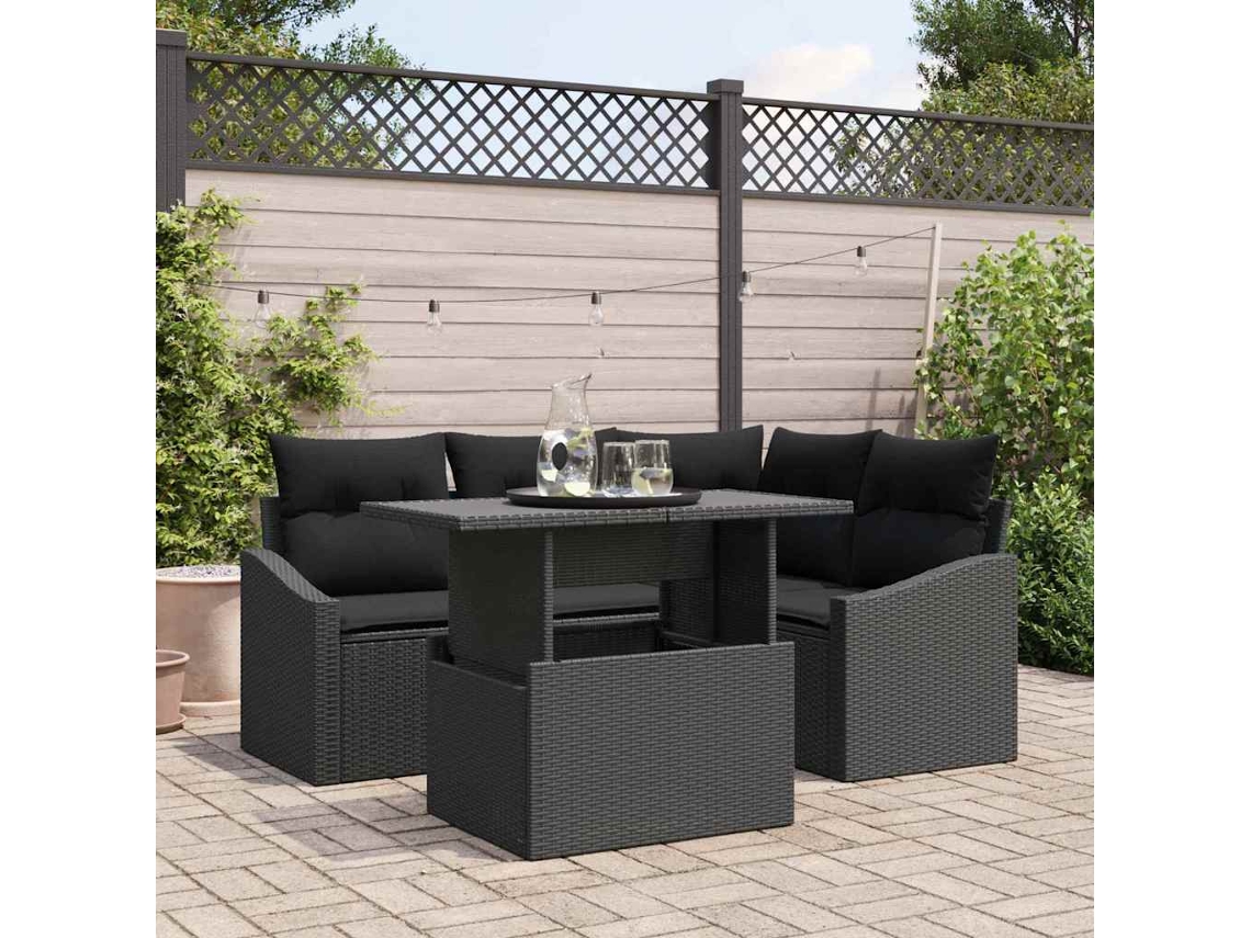 Vidaxl Conjunto De Sofá De Jardim Com Almofada Ajustável 5 Pcs Preto