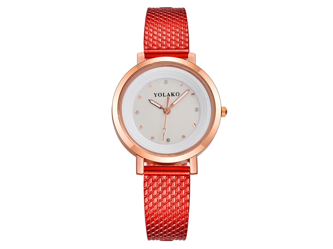 Relógio de Pulso Feminino Casual Quartzo com Strass Dial Redondo Pulseira Plástica Vermelho