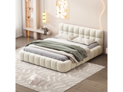 Cama De Casal Estofada 140x190 Cm, Cama Juvenil Com Estrado De Ripas, Tecido De Linho Bege, Sem Colchão