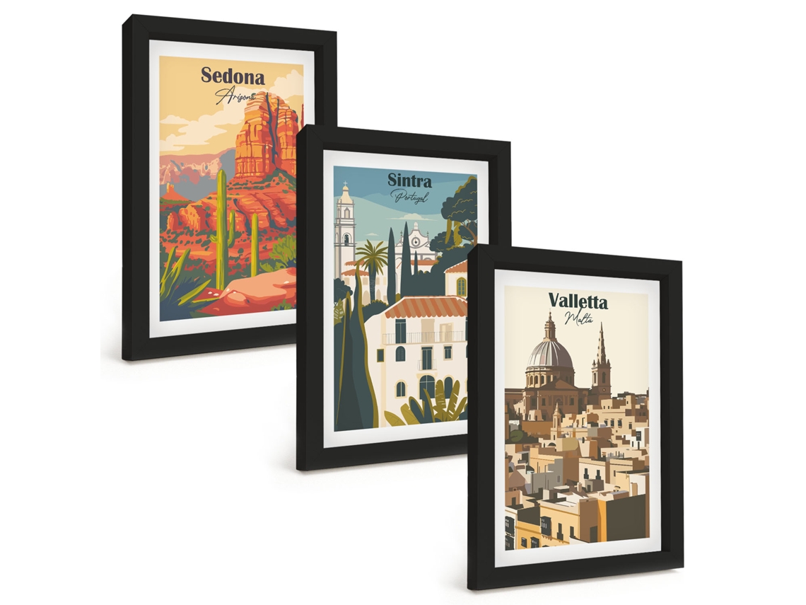 Composição De Quadros Na Paredevistas Retrô De Sedona, Sintra E Valletta Moldura Preta Quadros Para A Sala De Estar Espelharte (3 Peças 20x30 Cm)