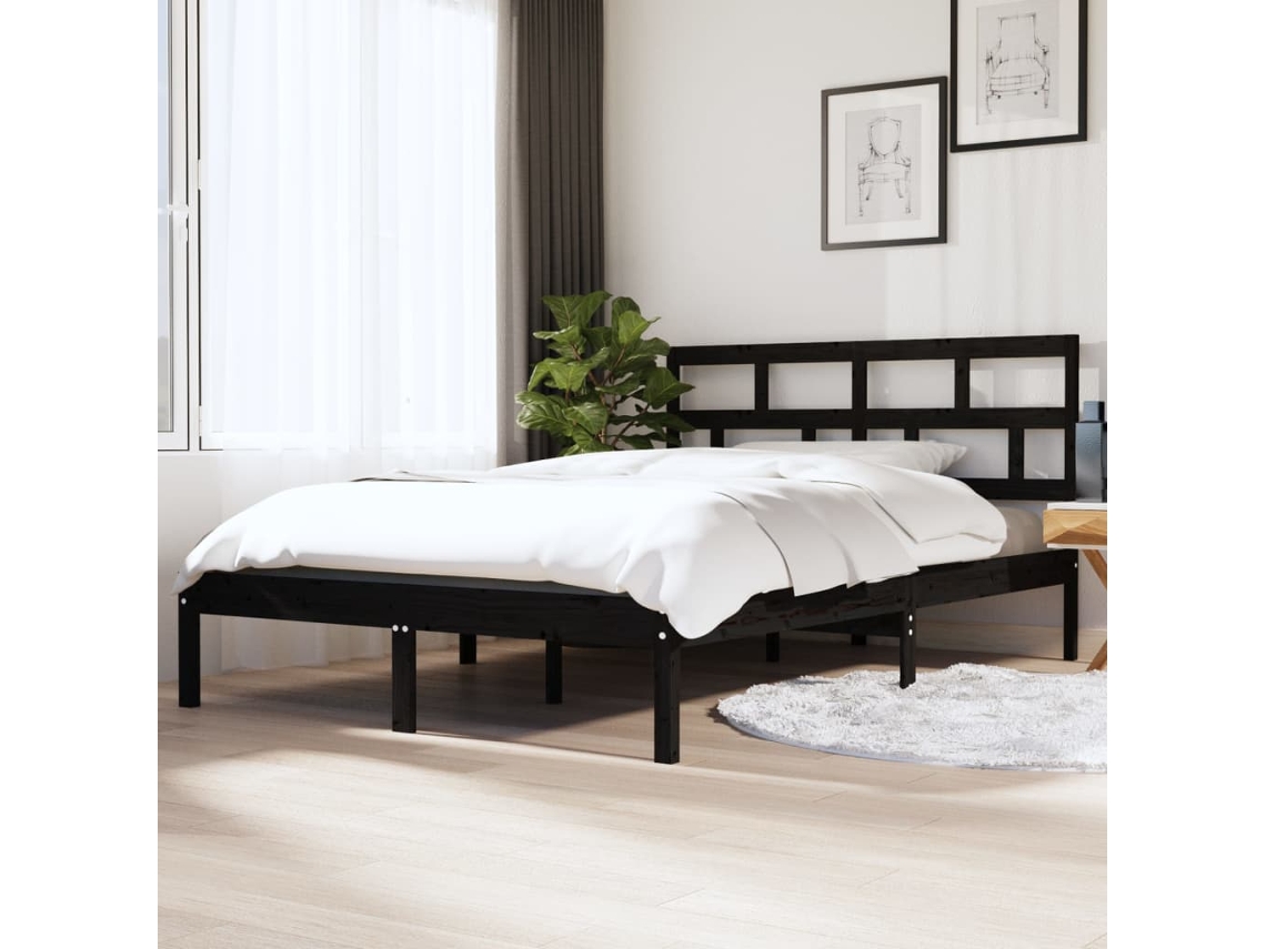 Vidaxl Estrutura De Cama Casal 135x190 Cm Madeira Maciça Preto