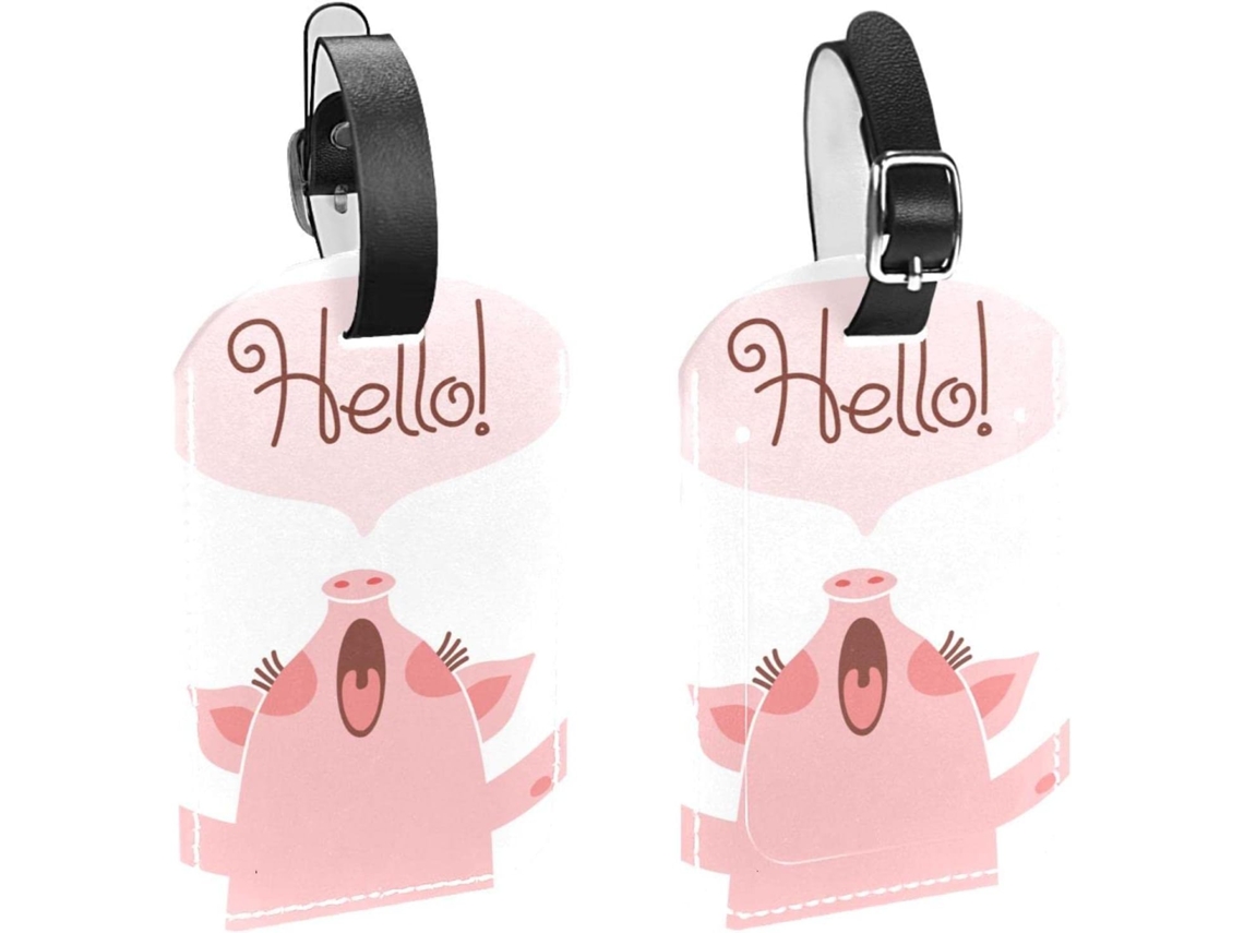 Etiquetas De Identificação Bagagem E Malas Pink Pig Yawn Pacote Com 2, Design De Desenho Animado Olá