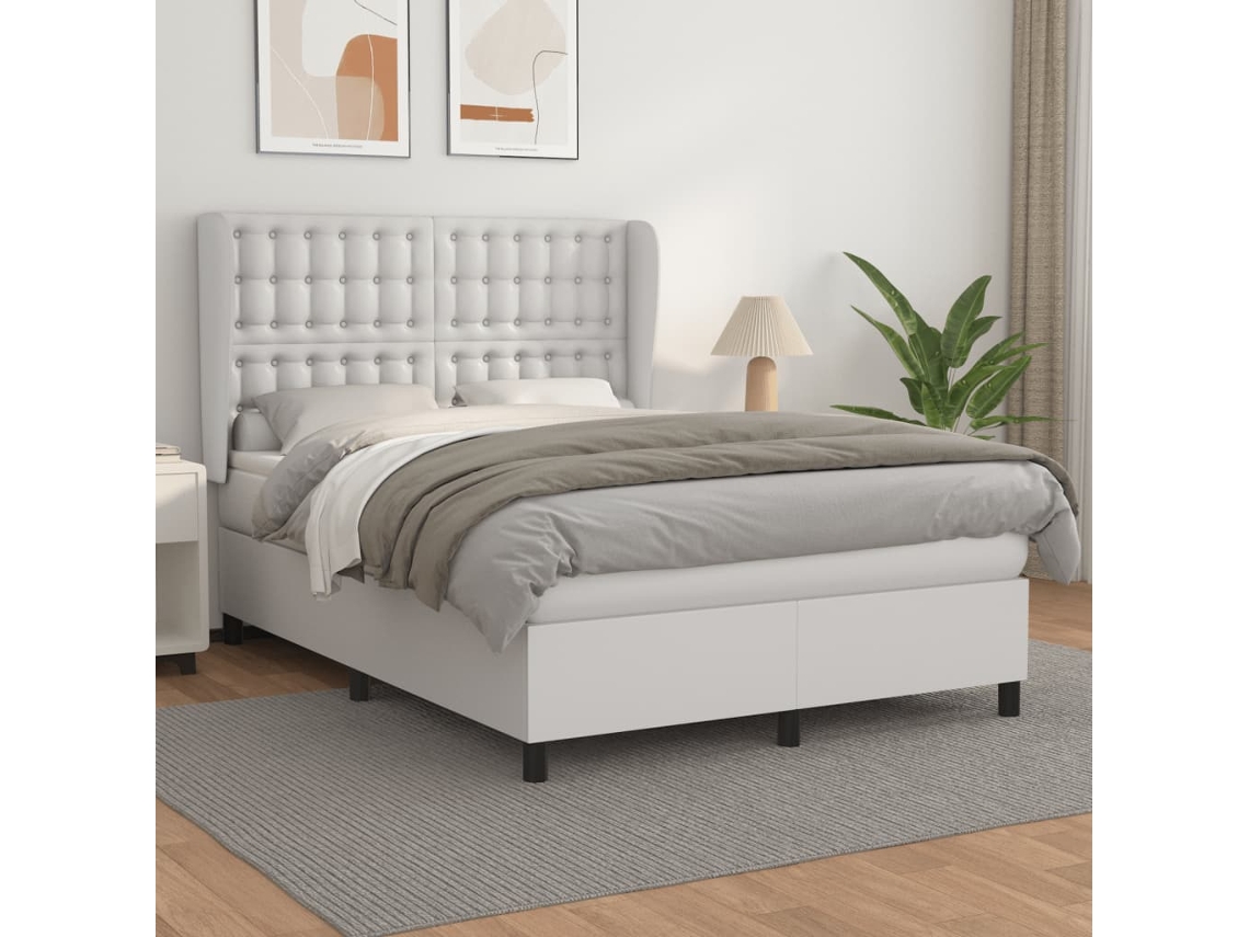 Vidaxl Cama Com Molas/colchão 140x190 Cm Couro Artificial Branco