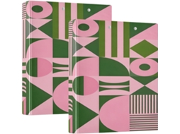 Pasta escolar moderna com formas abstratas, rosa e verde, de 3,8 cm x 1,5 polegadas, com três argolas e bolsos.