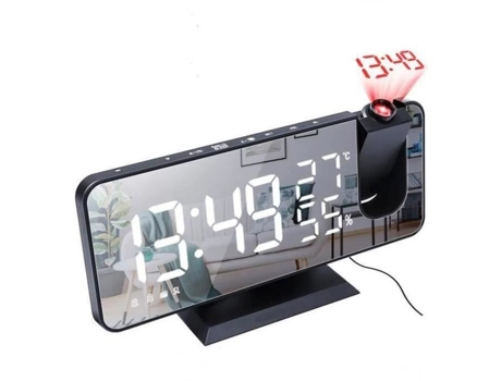 Despertador Projetor de teto Rádio digital com tela LED 180 ° Brilho ajustável FM Temperatura e umidade Quarto de escritório preto BIQIQI