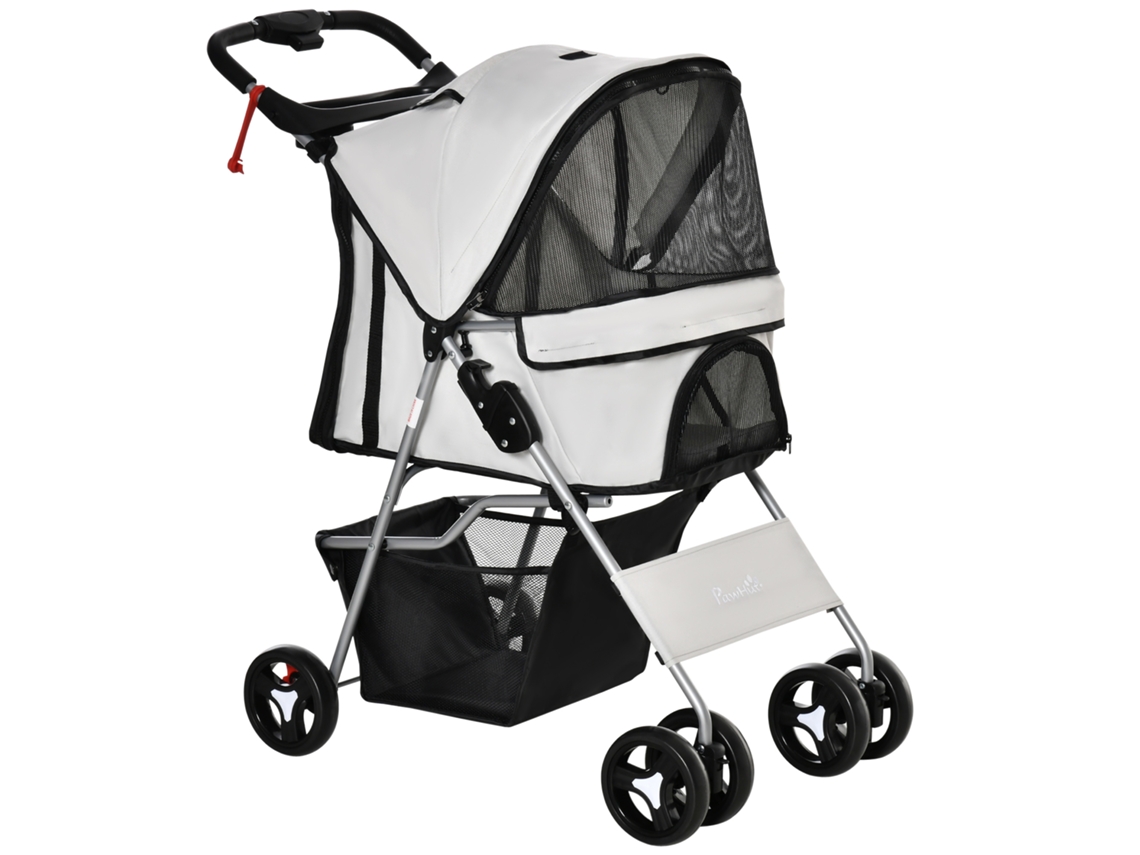 Carrinho De Estimação Dobrável Com Capô Ajustável Cesta De Armazenamento E Rodas Com Freio Tecido Oxford Estrutura De Aço 74x46x94cm Cinza